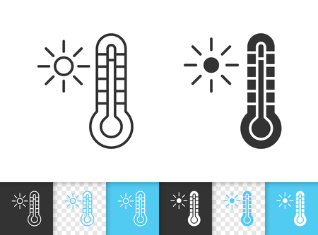 Thermometer black linear and silhouette icons. Thin line sign of sun. Temperature outline pictogram isolated on white, color, transparent backdrop. Vector Icon shape. Thermometer simple symbol closeupのイラスト素材