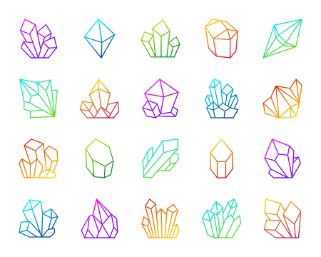 Crystal thin line icons set. Outline vector web sign kit of gemstone. Mineral linear icon collection includes salt, emerald, rock, ice. Modern color gradient simple crystal symbol isolated on whiteのイラスト素材