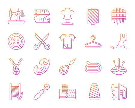 Sewing thin line icons set. Outline vector sign kit of fashion. Embroidery linear icon collection includes knitting, sewing machine, zip. Modern color gradient simple sewing symbol isolated on whiteのイラスト素材