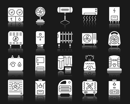 Hvac silhouette icons set. Isolated web sign kit of climatic equipment. Fan pictogram collection includes hygrometer, humidifier, convector. Simple hvac symbol with reflection. White vector icon shapeのイラスト素材