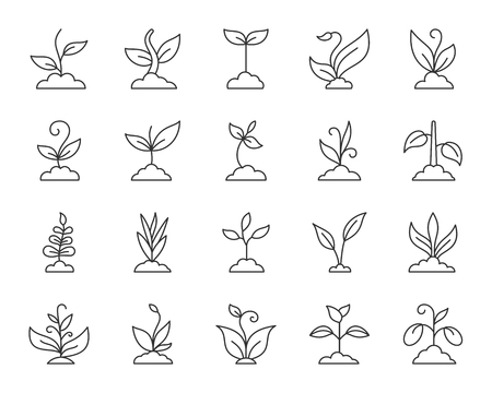 Grass thin line icons set. Outline web sign kit of plant. Sprout linear icon collection includes sapling, grow, bush. Simple grass black contour symbol isolated on white. Vector Illustrationのイラスト素材