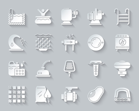 Swimming Pool Equipment Paper Cut Art Icons Set Sign Kit Of Swimming Pool Equipment Paper Cut Art