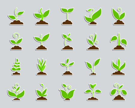 Grass sticker icons set. Web flat sign kit of plant. Sprout pictogram collection includes bio, eco, save nature. Simple grass symbol. Colorful icon for patch, badge, pin. Vector Illustrationのイラスト素材