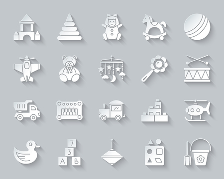 Baby Toy paper cut art icons set. Web sign kit of children play. Kids Game pictogram collection includes shovel, bucket, scoop. Simple baby toy vector paper carved icon shape. Material design symbolのイラスト素材