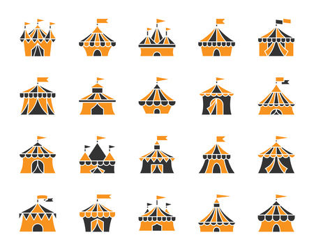 Circus tent silhouette icons set. Isolated on white sign kit of carnival. Cirque canopy pictogram collection includes marquee, striped border, awning. Simple circus symbol. Vector Icon shape for stampのイラスト素材