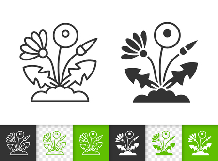 Dandelion black linear and silhouette icons. Thin line sign of eco flower. Grass outline pictogram isolated on white, green, transparent background. Vector Icon shape. Dandelion simple symbol closeupのイラスト素材
