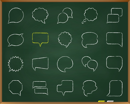 Speech Bubble chalk icons set. Outline sign kit of comic tell. Chat Communication linear icon customer message, clean note. Hand drawn by pastel crayon simple vector speech bubble symbol on chalkboardのイラスト素材
