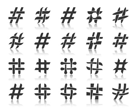 Hashtag silhouette icons set. Sign kit of social media. Hash Tag pictogram collection people conversation, dialogue quote, mobile network. Simple vector black symbol Hashtag shape icon with reflectionのイラスト素材