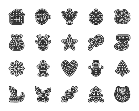 Christmas gingerbread icon set. Sign kit of xmas cookie. Sweet food pictograms includes sledge, men, snowflake pattern. Simple christmas gingerbread black symbol on white. Vector Icon shape for stampのイラスト素材