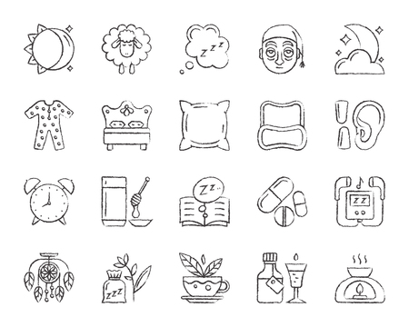 Insomnia charcoal icon set. Grunge outline sign kit of sleep. Dream linear icons sleepwear, bed rest, bedtime pillow. Hand drawn by pastel crayon simple insomnia symbol on white. Vector Illustrationのイラスト素材
