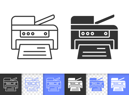 Printer black linear and silhouette icons. Thin line sign of office print. Photocopier outline pictogram isolated on white blue transparent background. Vector Icon shape. Printer simple symbol closeupのイラスト素材