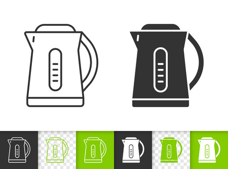 Electric kettle black linear and silhouette icons. Thin line sign of teapot. Kitchen appliance outline pictogram isolated on white, transparent. Vector Icon shape Electric Kettle simple symbol closeupのイラスト素材
