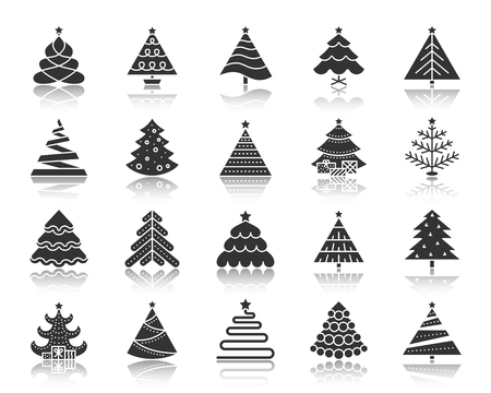 Christmas Tree icon set. Sign kit of xmas spruce. Stylized pictogram collection includes december party, pine cone, star ornament. Simple vector black symbol. Christmas Tree of different shapes iconsのイラスト素材
