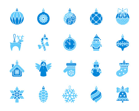 Xmas Tree Decorations icon set. Isolated on white sign kit of hang christmas ball. Pictograms of ornate mitten, snowman toy, hanging sock. Simple xmas tree decorations contour symbol. Vector iconsのイラスト素材