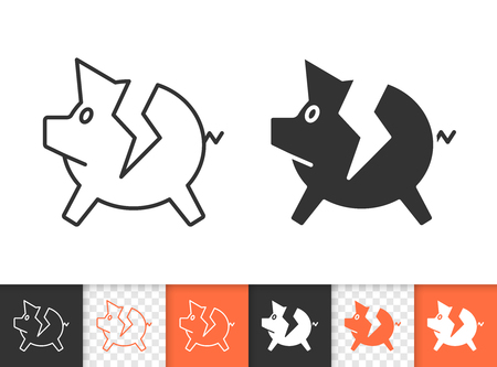 Bank black linear and silhouette icons. Thin line sign of broken piggy. Break Piggybank outline pictogram isolated on white, color transparent background. Vector Icon shape. Bank simple symbol closeupのイラスト素材
