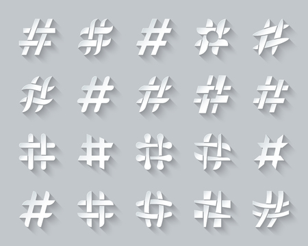 Hashtag paper cut icons set. 3D sign social media kit. Hash Tag pictogram collection blogger story, number message, popular feed. Simple hashtag vector paper carved icon shape. Material design symbolのイラスト素材