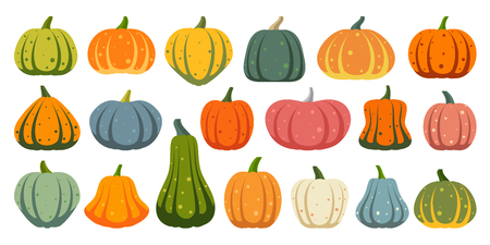 Pumpkin flat icons set. Sign kit of halloween. Thanksgiving pictogram collection farm harvest, closeup squash, vegetable. Simple gourd cartoon color icon symbol isolated on white. Vector Illustrationのイラスト素材