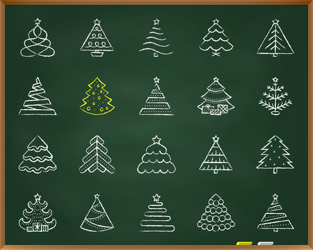 Christmas Tree chalk icons set. Outline web sign kit of stylized spruce. Fir Farm linear icon stand fir farm. Hand drawn by pastel crayon simple christmas tree symbol on chalkboard vector Illustrationのイラスト素材