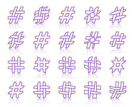 Hashtag thin line icons set. Outline vector web sign kit social media. Hash Tag linear icon people conversation, language key, dialogue quote. Simple hashtag contour symbol reflection isolated whiteのイラスト素材