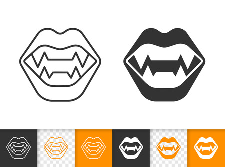 Vampire teeth black linear and glyph icons. Thin line sign of dracula jaw. Halloween fun outline pictogram isolated on white, transparent background. Vector Icon of Vampire Fangs simple symbol closeupのイラスト素材