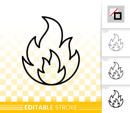 Fire thin line icon. Outline web sign of bonfire. Flame linear pictogram with different stroke width. Simple candle blaze vector symbol, transparent background. Flare editable stroke icon without fillのイラスト素材