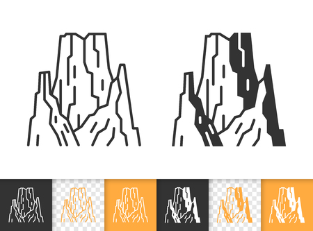 Mountain black linear, silhouette icons. Thin line sign of nature landscape. High Peak outline pictogram isolated on white, transparent background. Vector Climbing simple shape. Closeup ridge symbolのイラスト素材