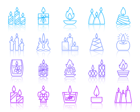 Candle flame thin line icons set. Outline vector sign kit of church decoration. Linear icons of memorial fire, home cozy, party decor, glass jar. Simple candle flame contour symbol isolated on whiteのイラスト素材