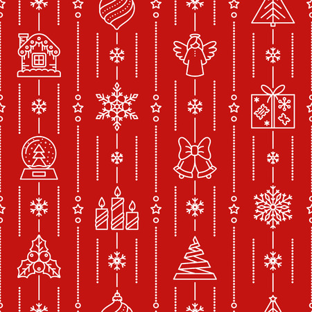 Christmas white line seamless pattern. Winter season ornate background. New Year snowflakes linear repeat ornament for paper wrap, fabric print, wallpaper decor. Outline vector illustrationのイラスト素材