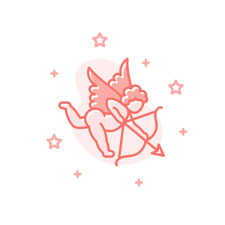 Cupid flat cartoon style concept. Simple sign of valentines day. Romantic Love detailed icon. Cute color amur symbol for print, social media post, web banner, card design vector Illustration on whiteのイラスト素材