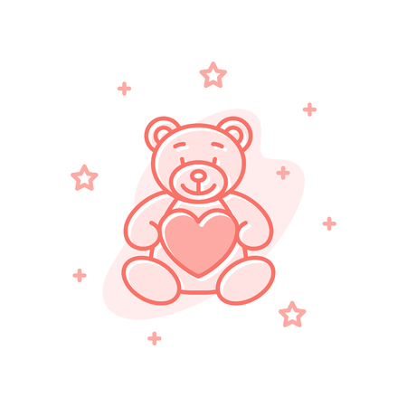 Teddy bear flat cartoon style concept. Simple sign of valentine day. Romantic Love detailed icon. Cute color symbol for web, print, social media post, banner, card design vector Illustration on whiteのイラスト素材