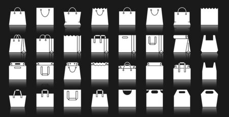 Shopping Bag silhouette icons set. Isolated web sign kit of package. Pictogram collection of shop plastic handbag. Simple paper packet contour symbol with reflection. Sale buy white vector icon shapeのイラスト素材
