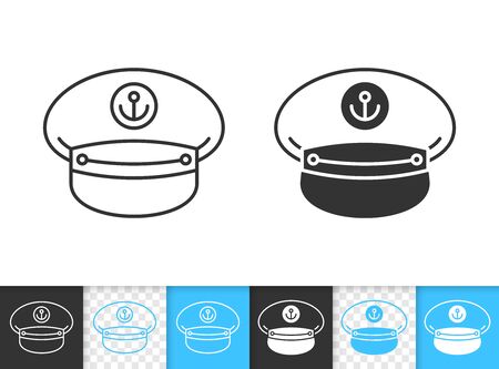 Captain Hat black linear and silhouette icons. Thin line sign of cap. Sailor outline pictogram isolated on white, color, transparent background. Vector Icon shape. Seaman Hat simple symbol closeupのイラスト素材