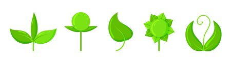 Plant icons set. Organic sign. Spring card design. Seedling kit. Sapling simple pictogram. Green grass cute poster. Nature symbol. Sprout growing banner. Flat style vector illustration isolated whiteのイラスト素材