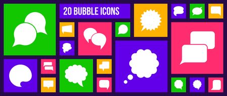 Speech Bubble silhouette icons set. Isolated web sign kit of comic tell. Chat pictograms of rectangle frame, double cloud, dialog template. Simple white contour symbol. Button vector Icon shapeのイラスト素材