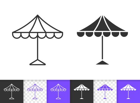 Street Umbrella black linear and silhouette icons. Thin line sign of beach parasol. Outdoor Cafe outline pictogram isolated on white background. Vector Icon shape. Summer tent simple symbol closeupのイラスト素材