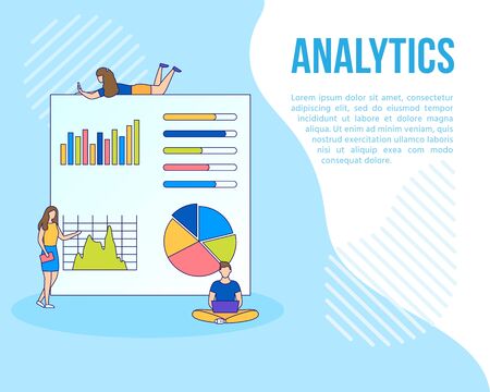 Young people make business project, analytic presentation, statistic or infographic analysis investment on diagrams on screen or board. Financial Strategy banner. Startup poster. Vector illustrationのイラスト素材
