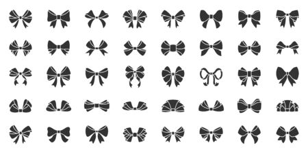 Ribbon bow silhouette icons set. Elegant tie symbol, simple shape pictogram collection. Gift, sale, xmas, birthday decor design element. Flat black sign. Isolated on icon concept vector illustrationのイラスト素材