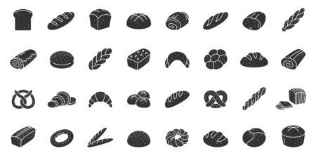 Bread silhouette icons set. Fresh baking symbol, simple shape pictogram collection. Bakery design element. Toast, loaf, baguette, bun flat black sign Isolated on white icon concept vector illustrationのイラスト素材