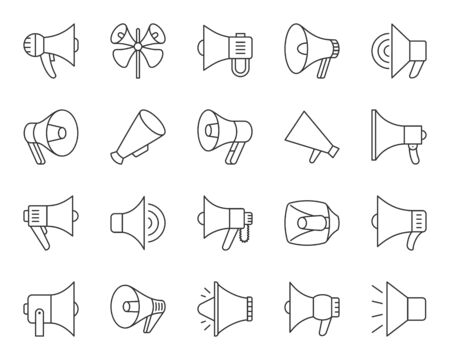 Megaphone thin line icons set. Outline sign kit of loud speaker. Bullhorn linear icons of alert, public information, shout. Simple announce black contour symbol isolated on white. Vector Illustrationのイラスト素材