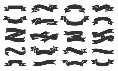 Ribbon silhouette icons set. Web sign kit of text banner. Decorative Tape pictograms of gift decoration, creative modern decor. Simple paper tag black symbol isolated on white. Vector Icon shapeのイラスト素材