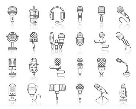 Microphone thin line icons set. Outline sign kit of mic. Journalist Interview linear icon collection karaoke, music, radio studio. Simple mike black contour symbol with reflection vector Illustrationのイラスト素材