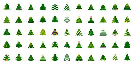 Christmas Tree flat icon set. Stylized spruce winter sign kit. Fir color pictogram decorated garland, gift box, pine. Simple cartoon icons. Xmas, New year symbol. Isolated on white vector Illustrationのイラスト素材