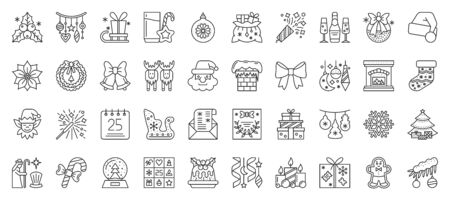 Christmas and New year thin line icon big set. Xmas collection of simple outline signs. Winter season symbol in linear style. Black contour flat icons design. Isolated concept vector Illustrationのイラスト素材