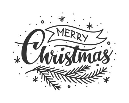 Merry christmas hand drawn lettering banner. Typography emblem. Text calligraphy inscription card design. Winter holiday poster template. Wishing handwritten postcard. Isolated vector illustrationのイラスト素材