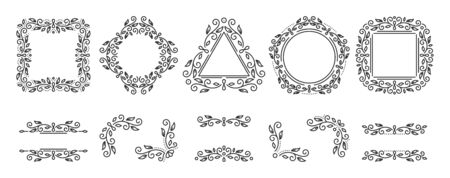 Text frame, monogram, divider, corner set. Fancy elegant wedding decor. Floral ornament, flower element. Square, triangle, rhombus, pentagon, circle border letter frames Art design Vector illustrationのイラスト素材