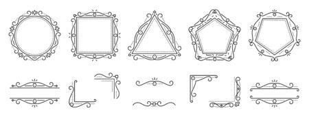 Art deco text frame, monogram, divider, corner set. Fancy elegant wedding decor. Style ornament, geometric element. Square, triangle, rhombus, pentagon, border letter frames Design Vector illustrationのイラスト素材