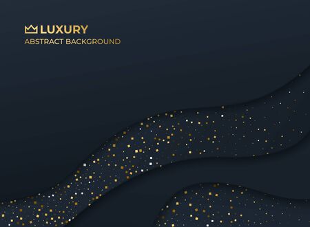Black gold abstract luxury elegant royal background. Layered paper style graphic design pattern. Fluid, liquid, wave shape wallpaper. Banner, flyer, poster, presentation template. Vector illustrationのイラスト素材