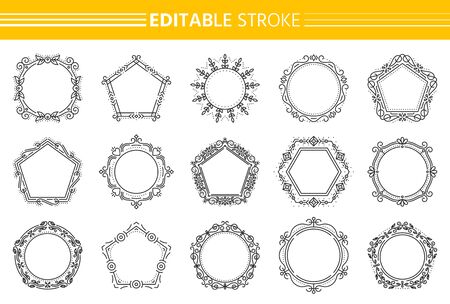 Decorative vintage ornamental frame set. Elegant pentagon, hexagon, circle monogram. Text frames for wedding, card, label, tag, book design. Floral decor. Art deco border. Isolated vector Illustrationのイラスト素材