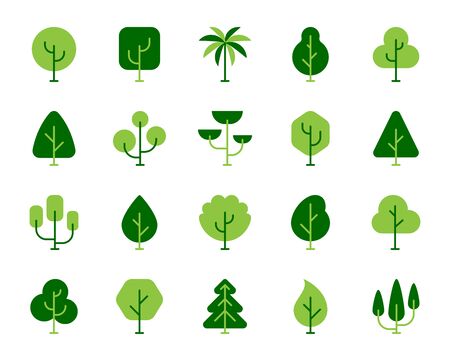 Green tree flat cartoon icons set. Forest, plant, birch, oak, cedar, poplar, cypress, maple, palm, summer spring garden, park symbol. Simple geometric trees icon. Isolated on white vector illustrationのイラスト素材