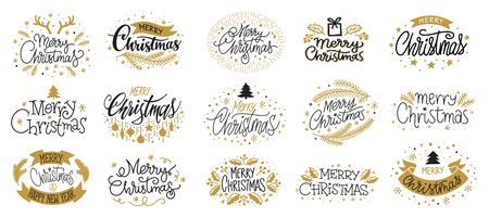 Merry Christmas and Happy New year hand drawn gold black lettering text set. Typography greeting cards. Wishing handwritten calligraphic postcard. Winter holiday poster Xmas banner Vector illustrationのイラスト素材